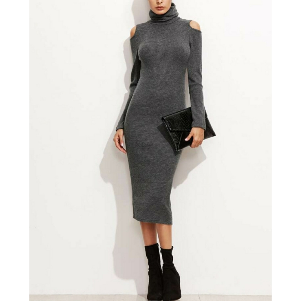 High Neck Ribbed Pencil Midi Dress
